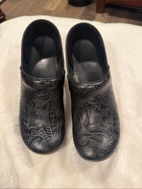 Black Embossed Slip-On Mules for Women